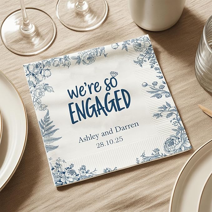 Luxury Personalized Engagement Napkins, We're Engaged, Custom Cocktail Napkins, Beverage Luncheon Cocktail Bar Napkin For Reception, Napkin Decor for Engagement Party, Bridal Shower