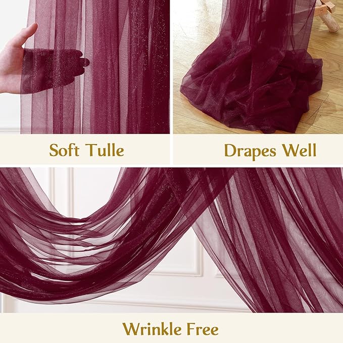 Wedding Arch Draping Fabric Backdrop 2 Panel 60" x 26Ft Burgundy Drapes Curtains for Wedding Reception Sheer Tulle Backdrop Curtain for Ceremony Birthday Party Baby Shower Arbor Ceiling Decorations