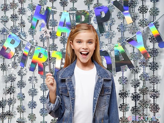 GREATRIL Silver Blue Snowflake Fringe Curtain Winter Onederland Streamers Backdrop with Sparkling Snowflake for Christmas Birthdays Party Decoration -3.2ft x 6.5ft - 2 Pack