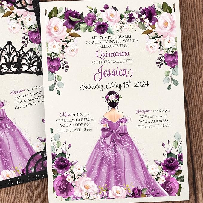 50Pcs Purple Crown Invitations for Quinceanera, 15 year, Sweet 16, Miss XV, Birthday Laser Cut Quince Invitation Cards Personalized Pearlized Black