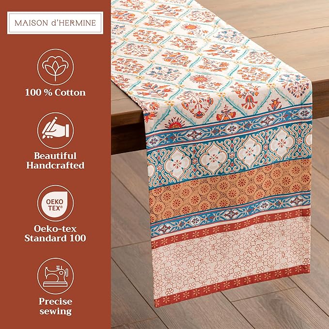 Maison d' Hermine Table Runner 100% Cotton Single Layer Table Runners 108 inches Long for Thanksgiving Christmas Decorations Home Kitchen Dining Party Wedding (Romane, 14.5" x 108")