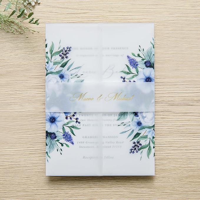 PONATIA 50 PCS Vellum Jackets for 5x7 Invitation Cards - 135GSM Royal Blue Flowers Vellum Sleeves, Transparent Gift Card Jackets