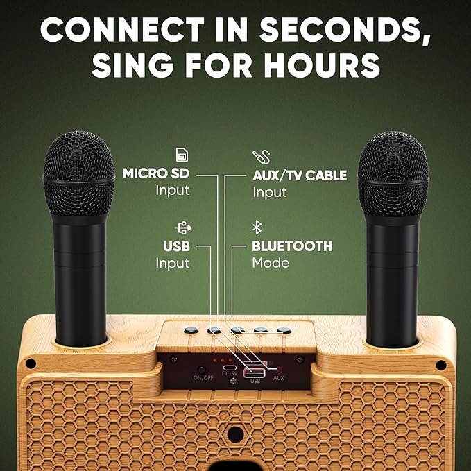 MASINGO Karaoke Machine for Adults and Kids with 2 Wireless Microphones, Portable Bluetooth Singing Speaker, Colorful LED Lights, PA System, Lyrics Display Phone Holder, and TV Cable. Presto G2 Wood