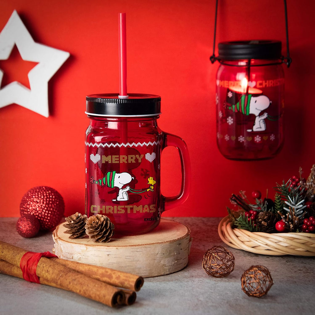 Excelsa Peanuts Christmas Lantern Tealight, Red with Decoration, Size: 7.5 x H.13 cm