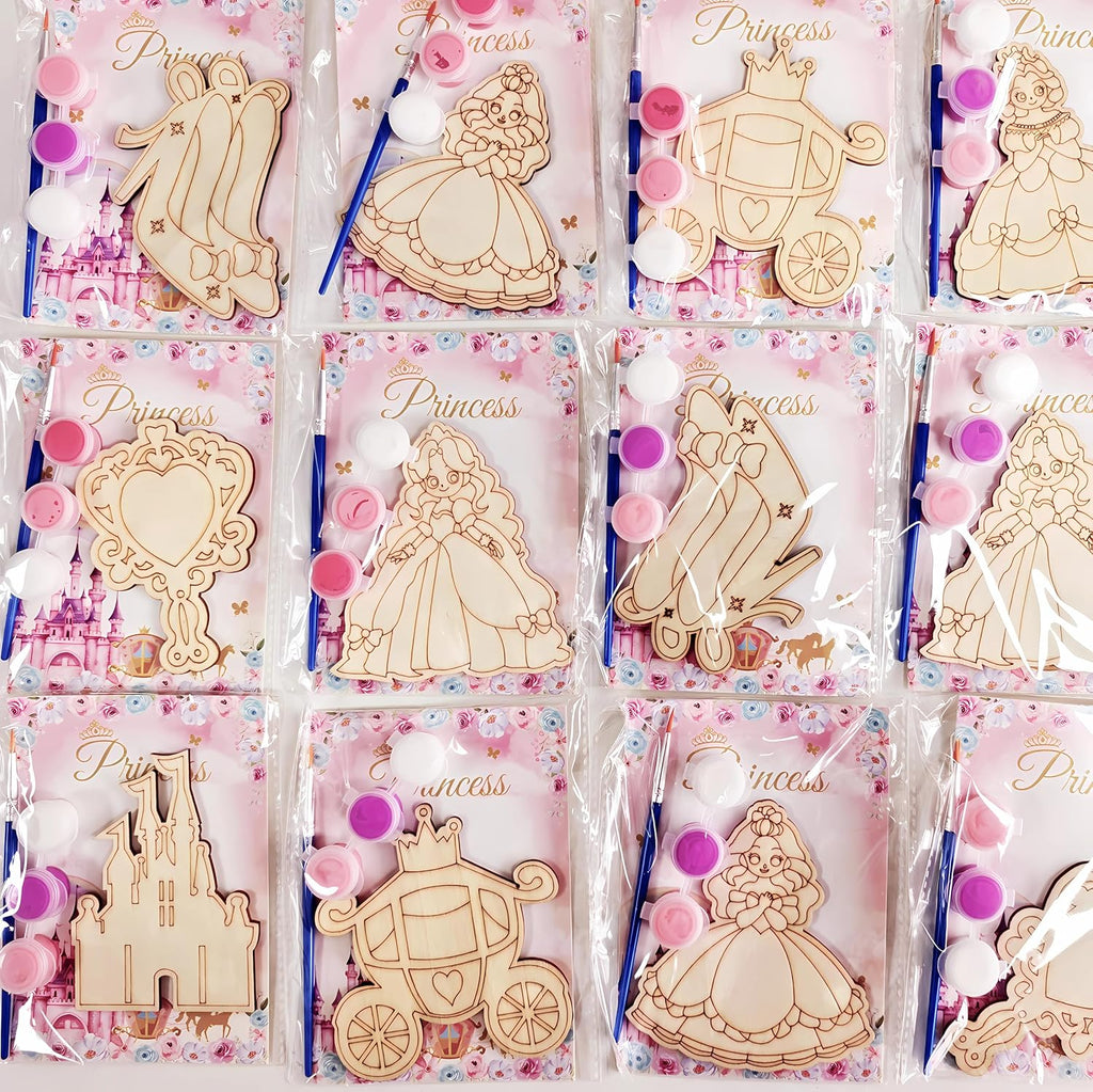 Xvvti 16PCS Princess Party Favors- DIY Princess Wood Painting Kits with Art Supplies – Fun Thank You Gifts, Birthday Party& Goodie Bag Stuffers