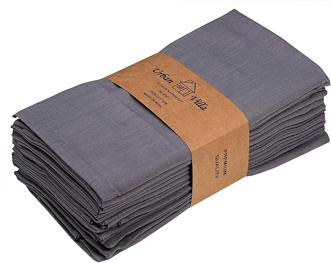 Urban Villa Dinner Napkins Solid Grey Color Cloth Napkins (Set of 12) Oversized 20x20 Inches 100% Cotton Slub Premium Quality Soft Durable with Mitered Corners Reusable Washable Everyday Use Napkins