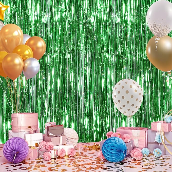 2 Pack Green Streamers Backdrop Jungle Party Decorations Green Foil Fringe Backdrop Curtains Photo Booth Backdrop for Birthday Dinosaur Animal St Patrick's Day Football Xmas Graduation Party Decors