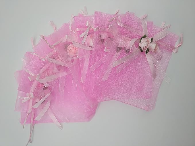 Ankirol 50pcs Sheer Organza Favor Bags For Wedding 3.8x4.8'' Gift Bags Samples Display Drawstring Rose Pouches (pink)