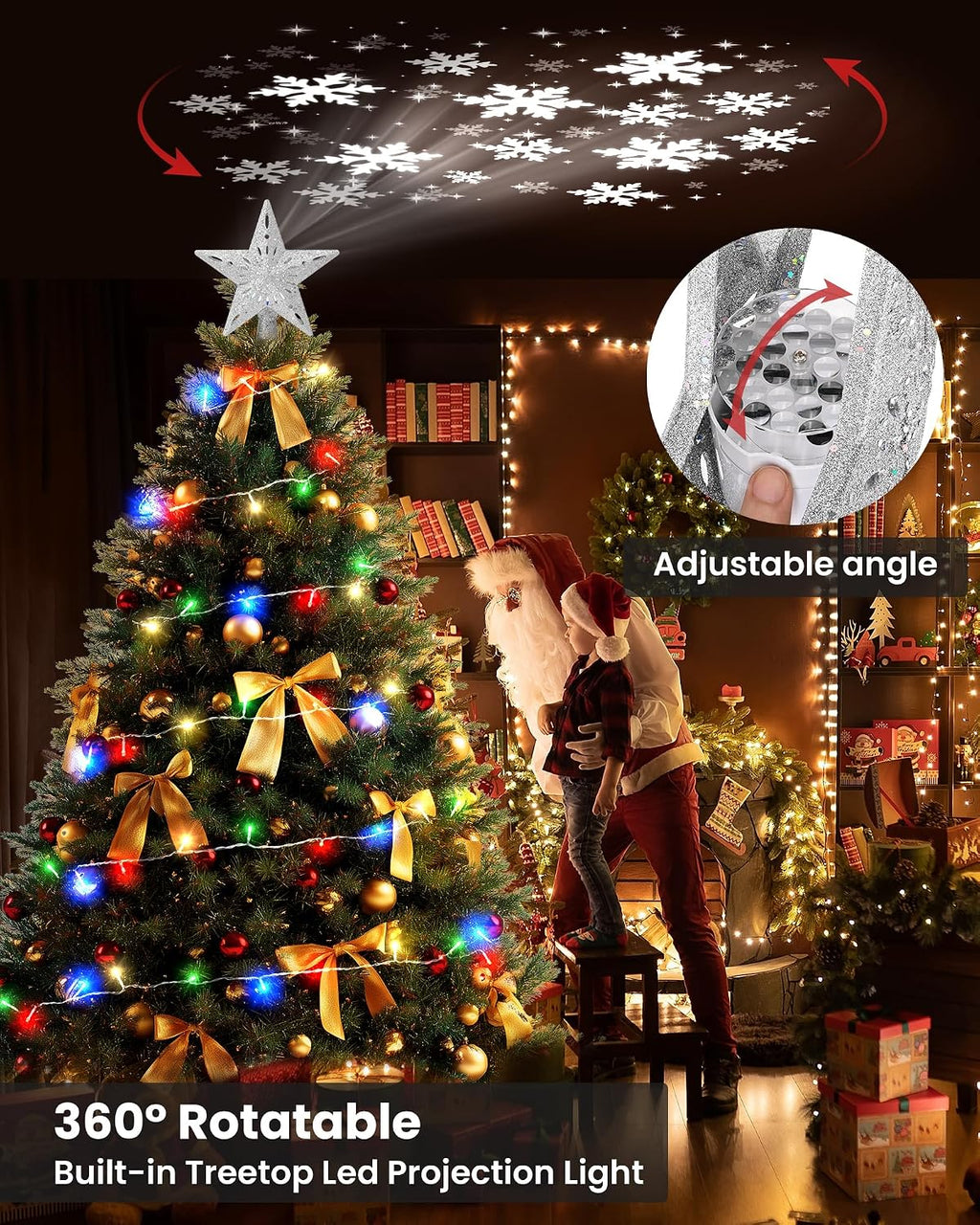 Winpull Christmas Tree Topper Star Lighted with 32.8ft Breathing Flickering Light Cord & 6 LED Projection Modes, Silver Christmas Star Topper for Indoor Xmas Holiday Tree Decoration