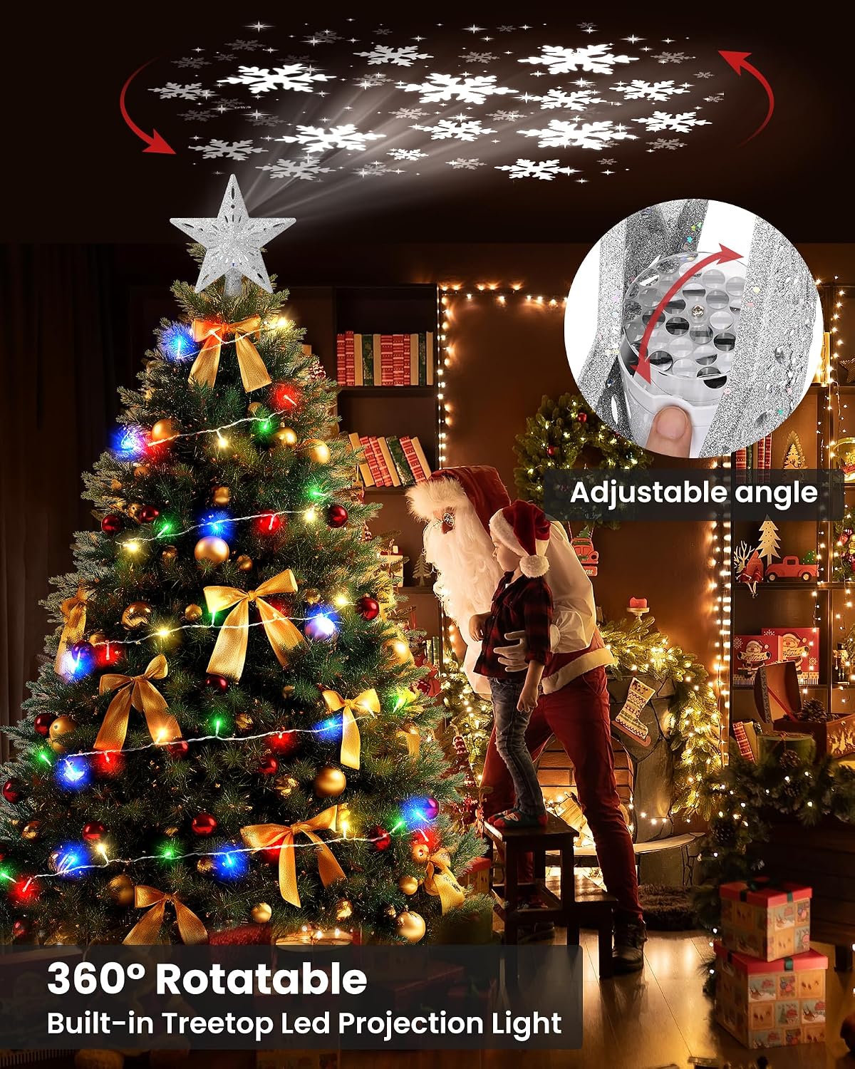 Winpull Christmas Tree Topper Star Lighted with 32.8ft Breathing Flickering Light Cord & 6 LED Projection Modes, Silver Christmas Star Topper for Indoor Xmas Holiday Tree Decoration
