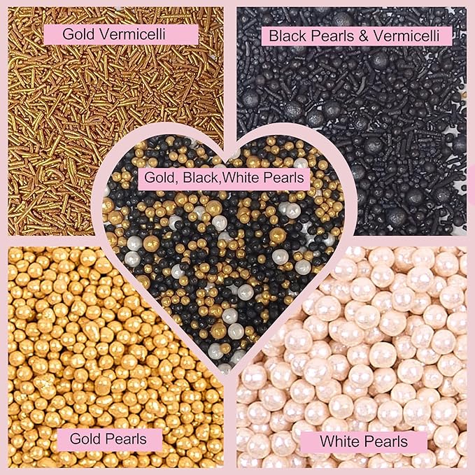 Confect Sprinkles- Red Carpet Glam Cake Decorating Sprinkles – Edible Black, White & Champagne Gold Dragees, Gold & Black Jimmies Mix – Sprinkle Mix for Cakes, Cupcakes, Cookies & Dessert Decoration- Vegan, Gluten-Free, Nut-Free, Soy-Free, Dairy-Free, ...
