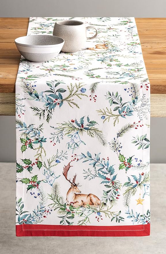 Maison d' Hermine Table Runner 100% Cotton Single Layer Table Runners 108 inches Long for Thanksgiving Christmas Decorations Home Kitchen Dining Party Wedding (Holly Time, 14.5" x 108")
