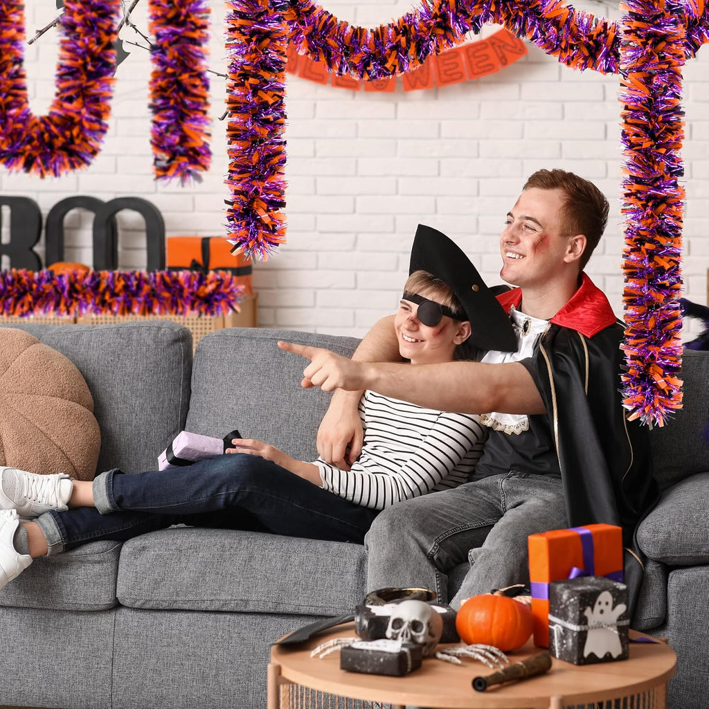 50 FT Halloween Tinsel Garland, Thick Glitter Hanging Streamers Black Orange Purple Mixed Color Metallic Tinsel Hanging Oranment for Halloween Party Supplies Indoor Outdoor Decoration