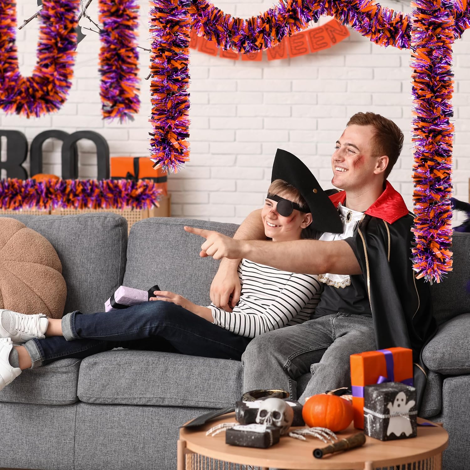 50 FT Halloween Tinsel Garland, Thick Glitter Hanging Streamers Black Orange Purple Mixed Color Metallic Tinsel Hanging Oranment for Halloween Party Supplies Indoor Outdoor Decoration