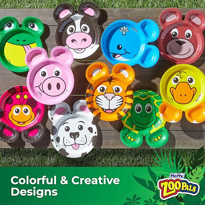 Hefty Zoo Pals Party Edition Paper Plates for Kids, Assorted Animal Designs, 7.75 Inches with Two Dipping Compartments, Multi-Color, 20 Count