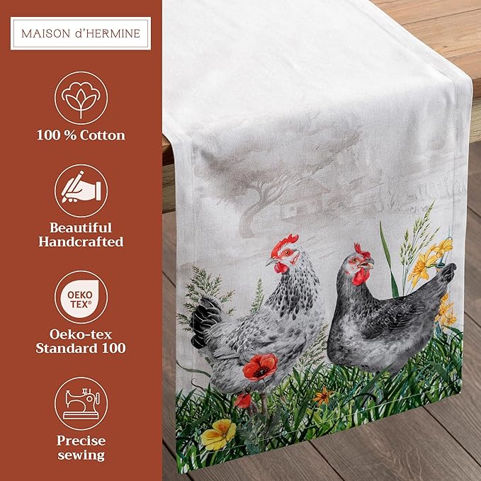 Maison d' Hermine Table Runner 100% Cotton Single Layer Table Runners 108 inches Long Decorative for Home Kitchen Dining Party Wedding Bridal Shower Spring Summer (Basse Cour, 14.50" x 108")