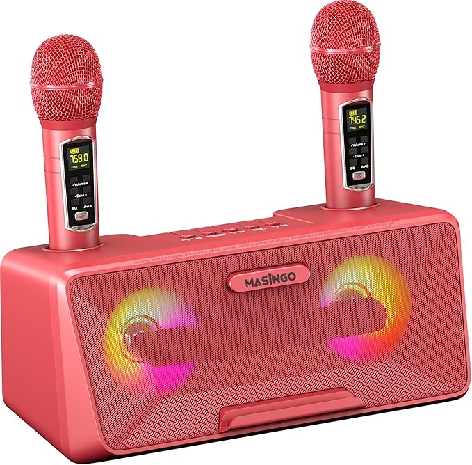 MASINGO Karaoke Machine for Adults and Kids with 2 Wireless Microphones, Portable Bluetooth Singing Speaker, Colorful LED Lights, PA System, Lyrics Display Phone Holder, and TV Cable. Presto G2 Pink