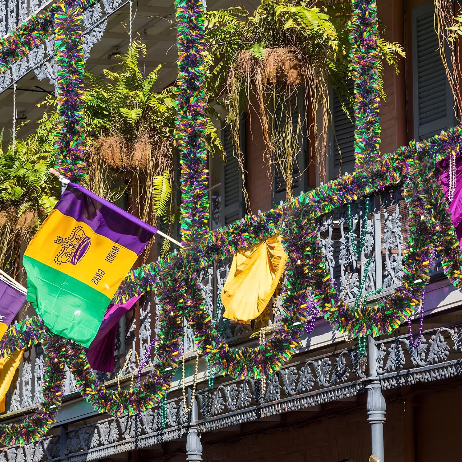 33FT Mardi Gras Tinsel Garland Purple Green Gold Metallic Twist Foil Tinsel Garland Hanging Garland for Carnival Party Indoor Outdoor Decoration