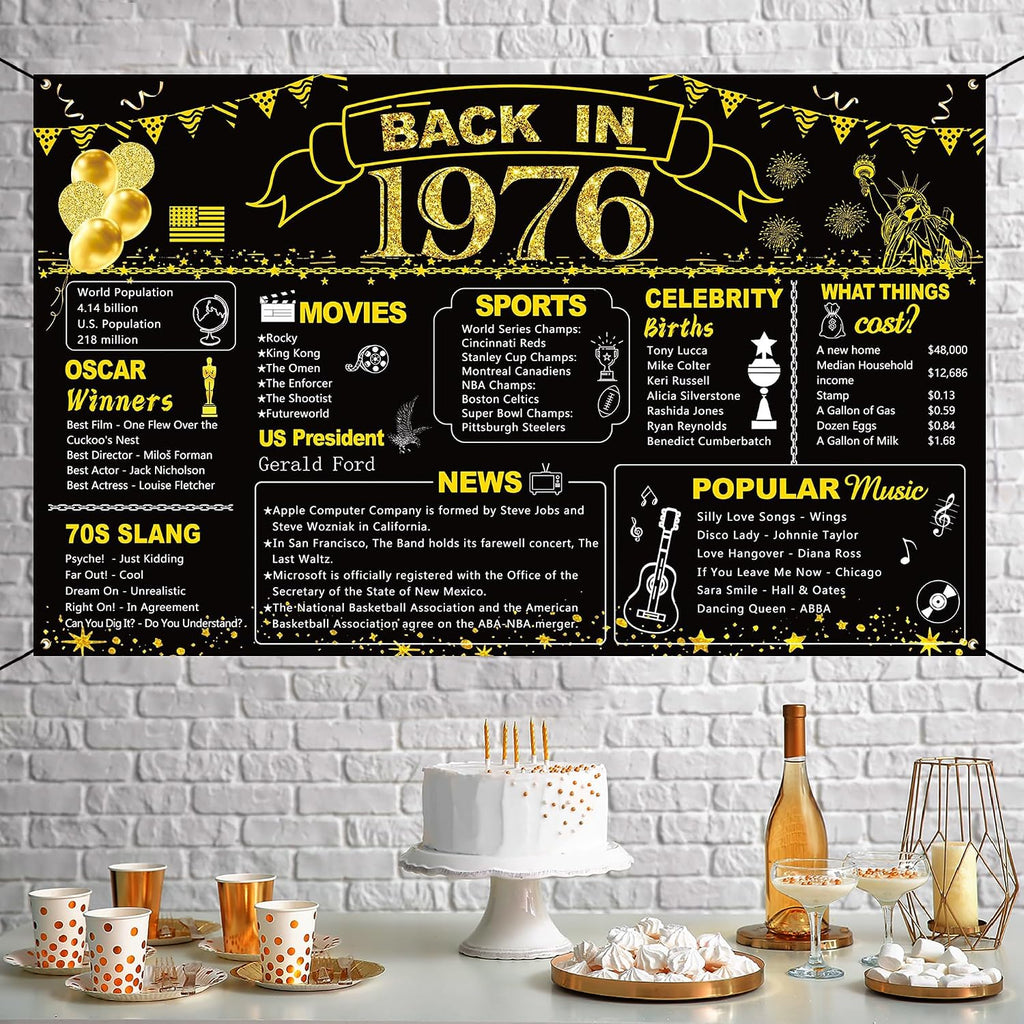 DARUNAXY 50th Birthday Black Gold Party Decoration, Back in 1976 Banner 50 Year Old Birthday Party Poster Supplies Vintage 1976 Backdrop Photography Background for Men & Women 50th Class Reunion Decor