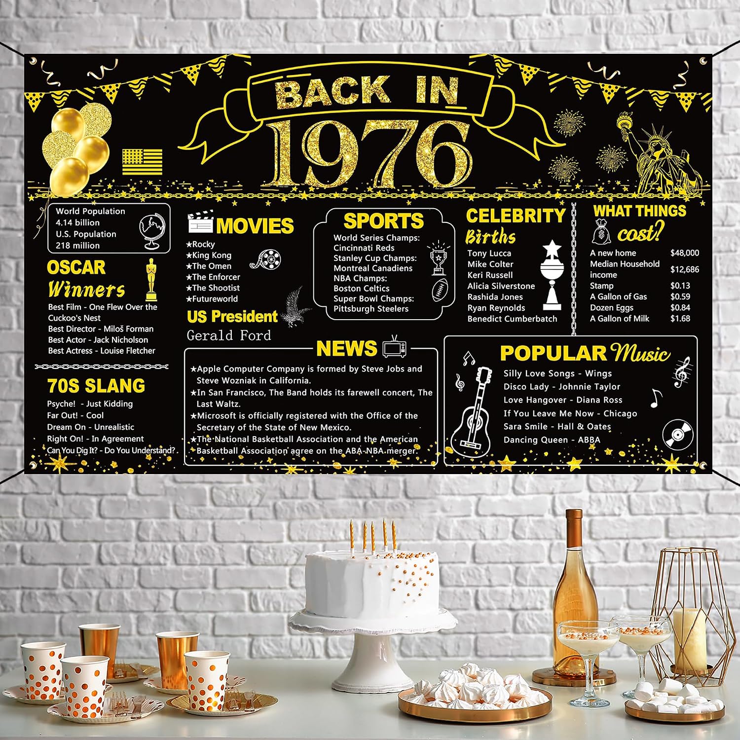DARUNAXY 50th Birthday Black Gold Party Decoration, Back in 1976 Banner 50 Year Old Birthday Party Poster Supplies Vintage 1976 Backdrop Photography Background for Men & Women 50th Class Reunion Decor