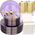 Rubtlamp 350 Pcs Clear Purple Plastic Plates, Gold Plastic Dinnerware Set (50 Guests), Purple Disposable Plates With Gold Rim, Hammered Party Plates Set for Wedding And Party