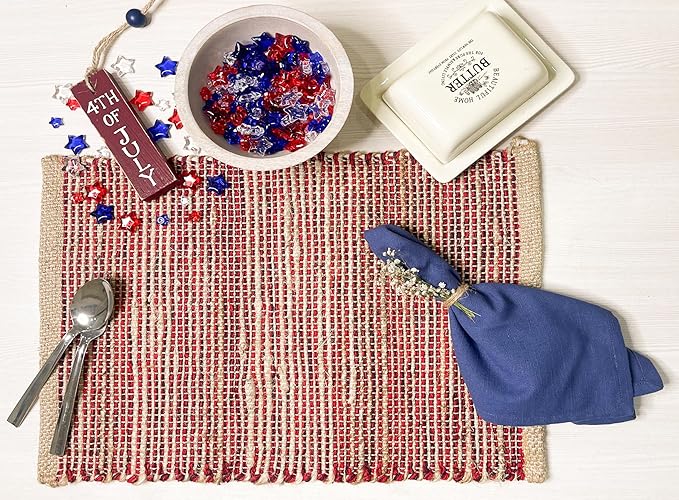 Chardin Home Natural Jute & Red Placemats, Set of 4 – Rustic Handmade Boho Table Mats, 13x19 Inch Dining Table Placemats for Kitchen, Everyday Meals, Holidays, Farmhouse or Modern Table Décor