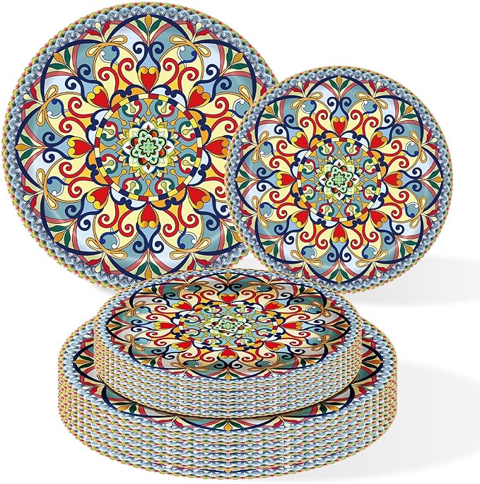 100PCS Boho Paper Plates (50×7 Inch & 50×9 Inch)–Vintage Bohemian Style Disposable Plates, Dessert Party Dinner Plates, Dinnerware Plate Set for Birthday Gatherings