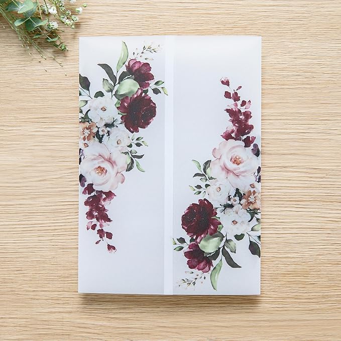 PONATIA 50 PCS Vellum Jackets for 5x7 Invitations- 135gsm Burgundy Floral Printed Vellum Sleeves, Quinceanera Wedding Invitation Cards Wraps