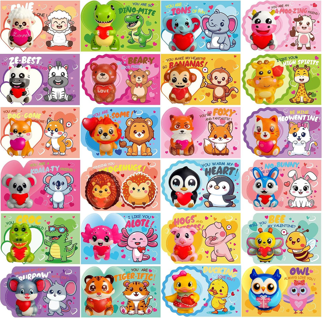 24Pcs Valentines Day Gifts for Kids, Animal Heart Squishy Toys With Cards for Galentines School Gift Exchange, Classroom Prizes, Bag Stuffers, Party Favors