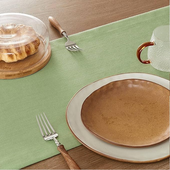 ZeeMart Linen Textured Border Table Runner, 14 x 48 Inch Green, Farmhouse Style Sage Green Table Runners 48 Inches Long, Easy Care Everyday Polyester Table Runner