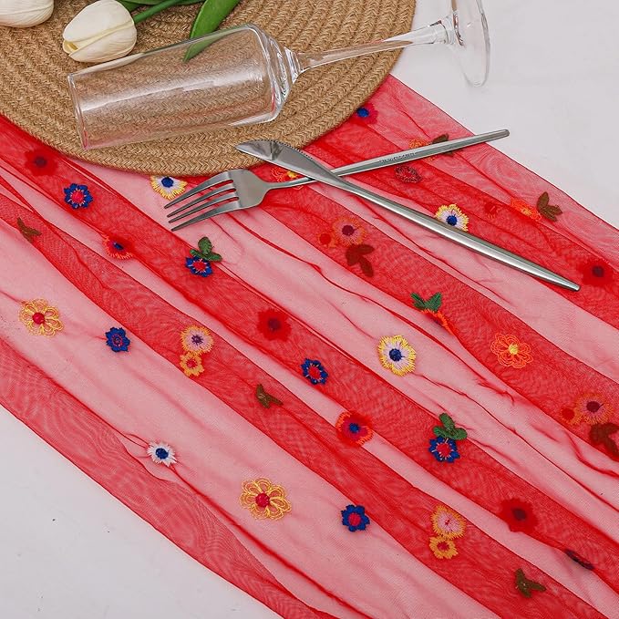 BINBE 3pcs Daisy Fall Table Runner Embroidery Gauze 10FT Florals Seasonal Tulle Holiday Birthday Kitchen Dining Table Decor for Home Party Red