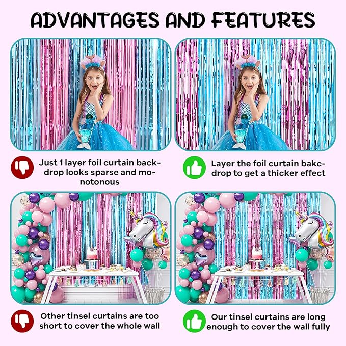 2 Pack 3.3x8.2 Feet Blue and Pink Foil Fringe Backdrop Curtains, Tinsel Streamers Birthday Party Decorations, Fringe Backdrop for Graduation, Baby Shower, Gender Reveal, Disco Party