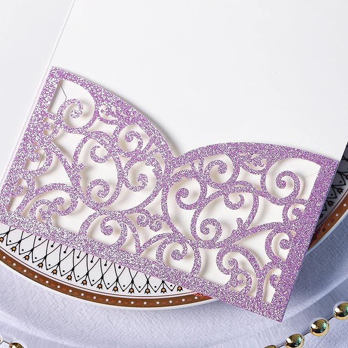 PONATIA 20 PCS Laser Cut Wedding Invitations Pockets with Envelopes for Wedding Party Bridal Shower Engagement Birthday Invite (Purple Glitter)