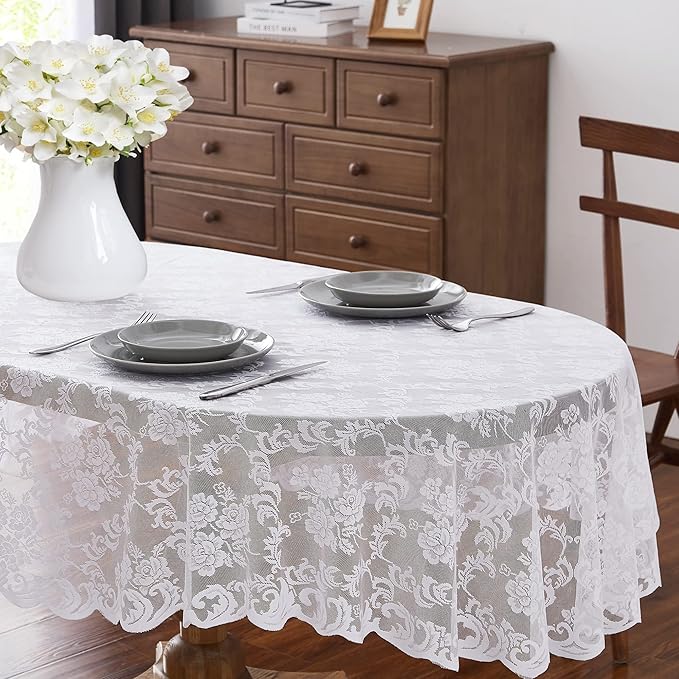 LinenZone White Oval Tablecloth for Rustic Vintage Decor. Sheer Lace Tablecloth Works Great As Wedding Tablecloth, Thanksgiving Tablecloth or Christmas Tablecloth (Mia Oval 104, White)
