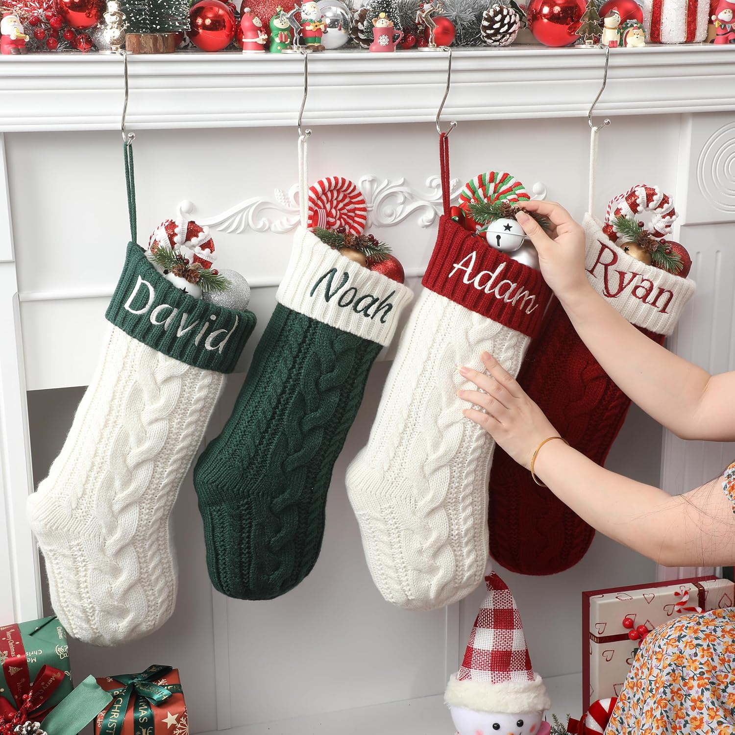 Personalized Christmas Stockings, 18” Large Custom Stockings with Embroidered Name, 1 Pack Knitted Xmas Stocking for Kids,Holiday and Family Stocking for Fireplace Christmas Party Decoration (A)