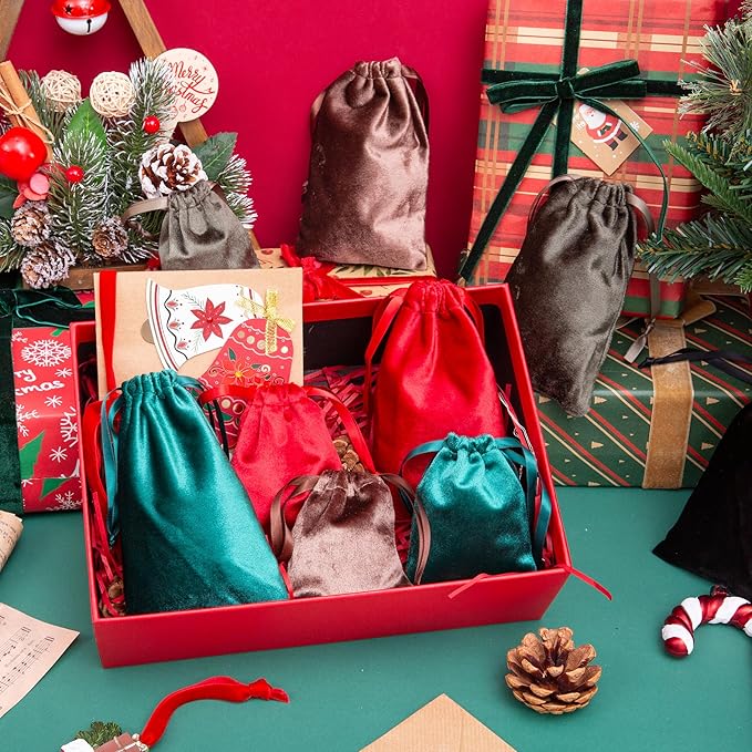 QIANF 12pcs Red Velvet Drawstring Bags 3x4 inches Velvet Cloth Small Gift Bags Jewelry Pouches for Storage Wedding Party Favor Christmas