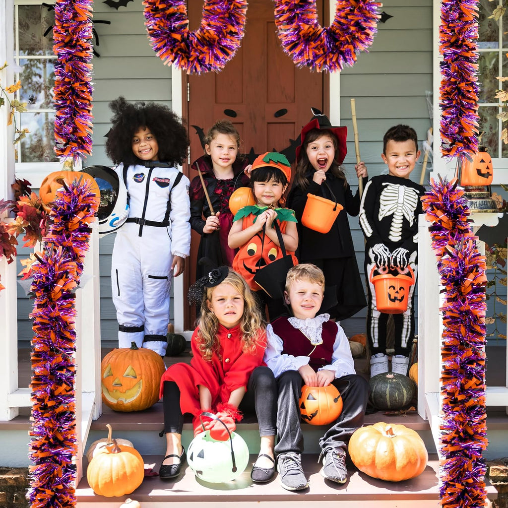 50 FT Halloween Tinsel Garland, Thick Glitter Hanging Streamers Black Orange Purple Mixed Color Metallic Tinsel Hanging Oranment for Halloween Party Supplies Indoor Outdoor Decoration
