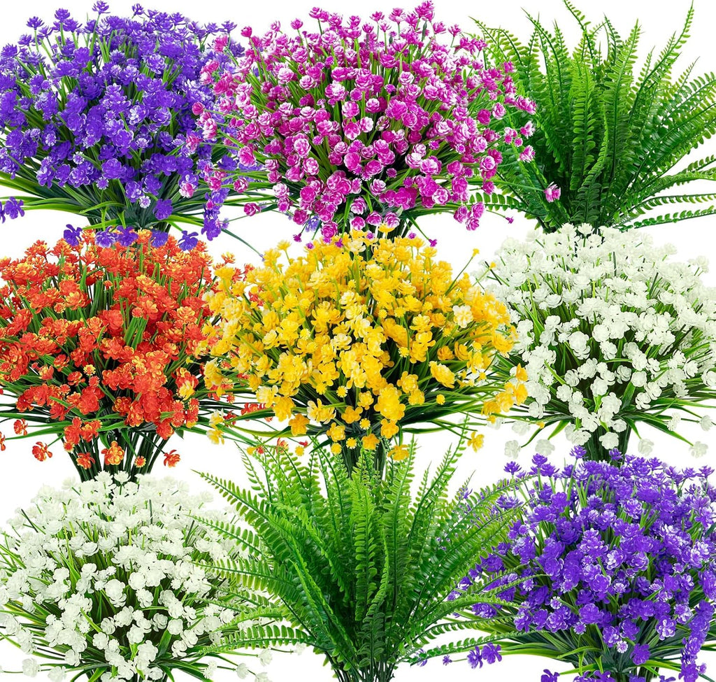 Ouddy Decor 24 Bundles Artificial Flowers for Outdoors UV Resistant Fake Plastic Plants Faux Boston Fern Greenery Stems for Spring Summer Indoor Garden Patio Window Box Kitchen Home Decor, Mixedcolor