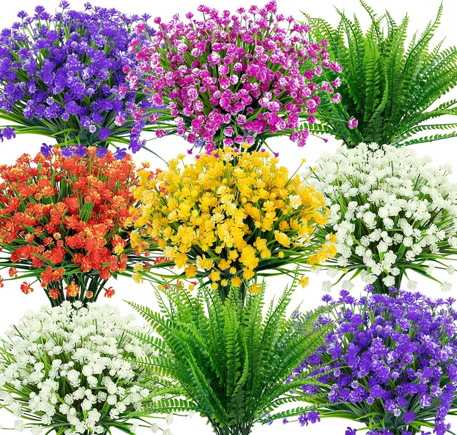Ouddy Decor 24 Bundles Artificial Flowers for Outdoors UV Resistant Fake Plastic Plants Faux Boston Fern Greenery Stems for Spring Summer Indoor Garden Patio Window Box Kitchen Home Decor, Mixedcolor