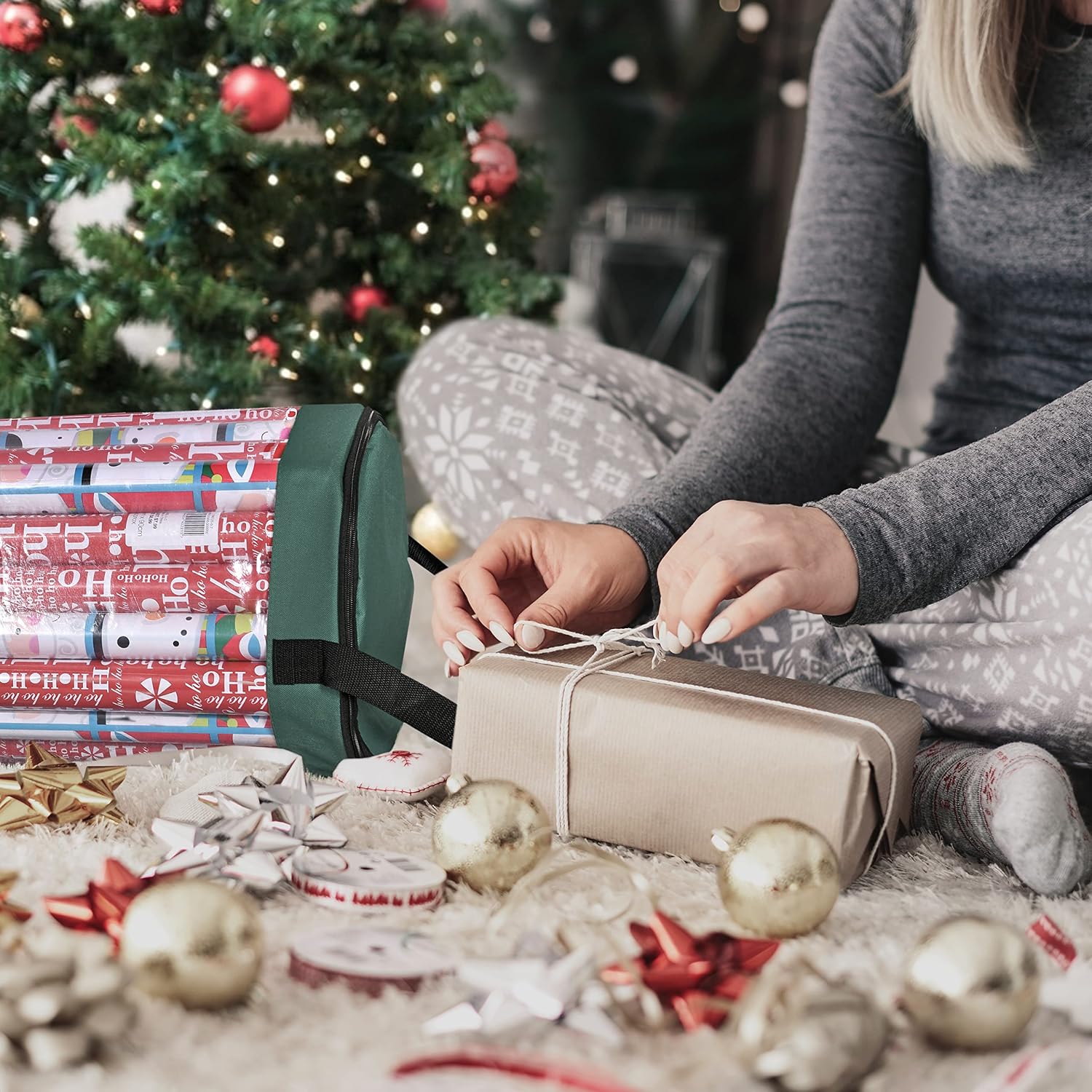 Wrapping Paper Storage Bag | Wrapping Paper Organizer Under Bed for Storing Multiple Rolls of Gift Wrap, 42” Length Container Constructed of Durable 600D Oxford Material (Green)