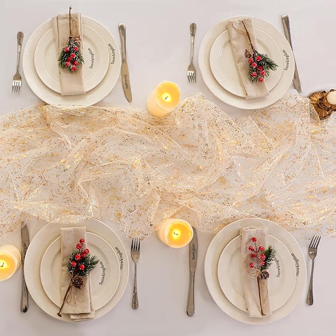 Snowkingdom 3Pcs 10 Ft Gold Table Runners, Sheer Chiffon Tulle Cheesecloth Wedding Runner, Golden Sequin Glitter Metallic Foil Party Table Decorations Centerpieces for Wedding Birthday Christmas