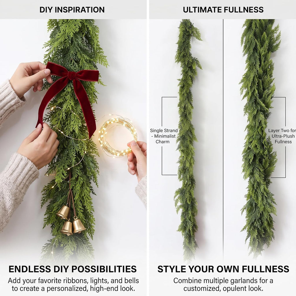 9ft christmas garland, artificial lifelike two-tone cypress flexible on a desk or shelf