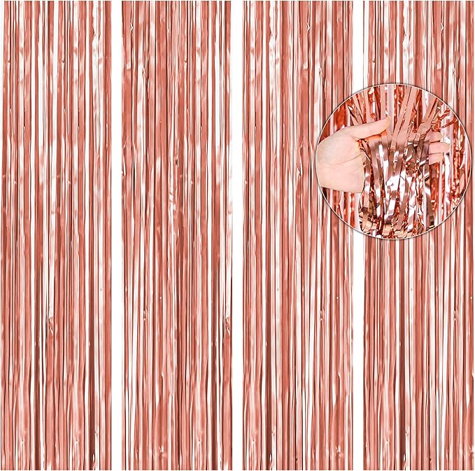 BTSD-home 4 Pack Rose Gold Foil Fringe Curtain, Metallic Photo Booth Backdrop Tinsel Door Curtains for Wedding Birthday Bridal Shower Baby Shower Bachelorette Christmas Party Decorations(3ft x 8ft)