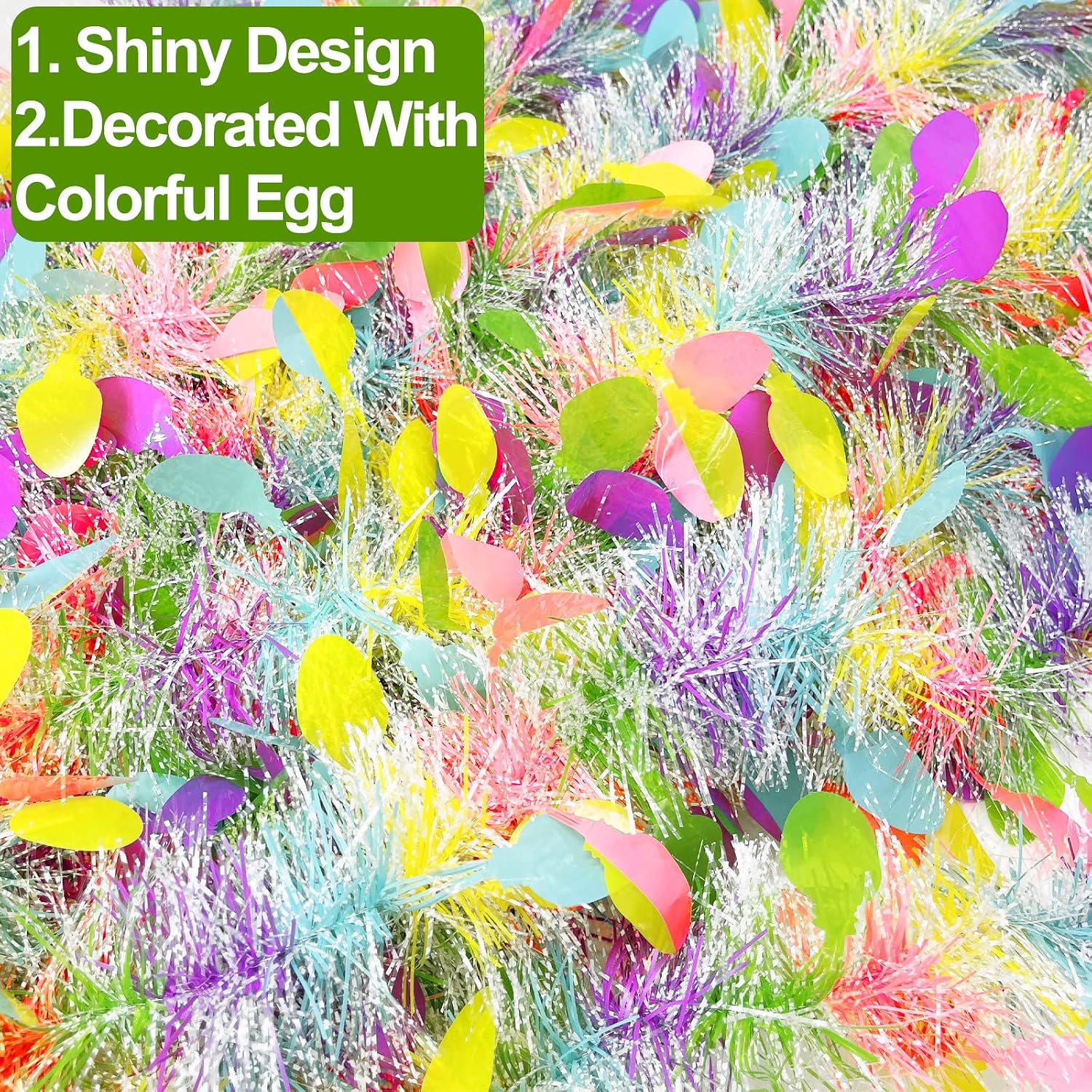 TURNMEON 5 Strings Total 75 Ft Easter Tinsel Garlands Decorations with Colorful Easter Eggs Metallic Streamers Hanging Fringe Garland Easter Decorations Outdoor Indoor Home Party, Each 15 Ft by 6"