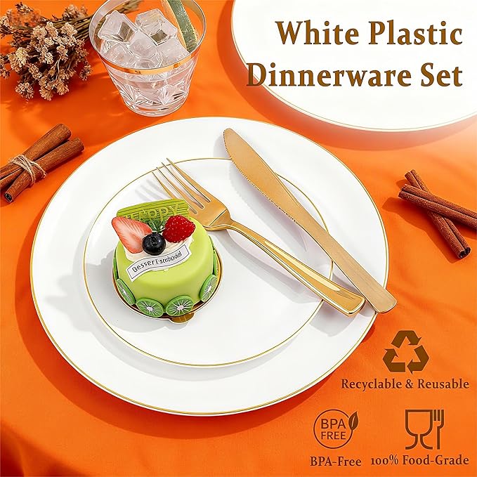 Festiva 350Pcs Gold Plastic Plates - White and Gold Dinnerware Set Disposable include 10" & 7" Plates,Cups,Silverware,Napkins -serve 50 Guests Perfect for Wedding& Birthday &Summer Party