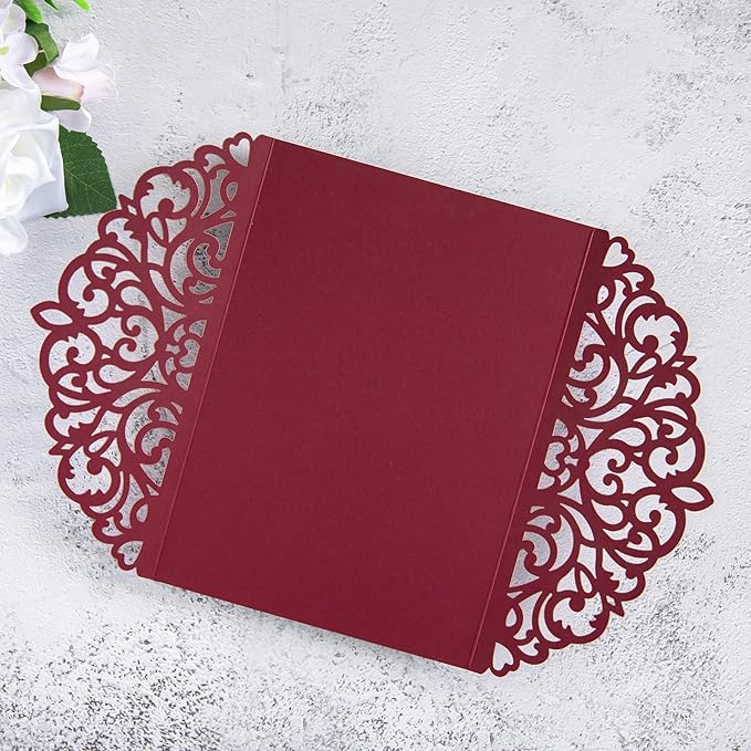 20Pcs Burgundy Laser Cut Invitation Cards With Blank Inner Sheets for Wedding Cards Bridal Shower Engagement Quinceanera Invitation (No Envelopes)