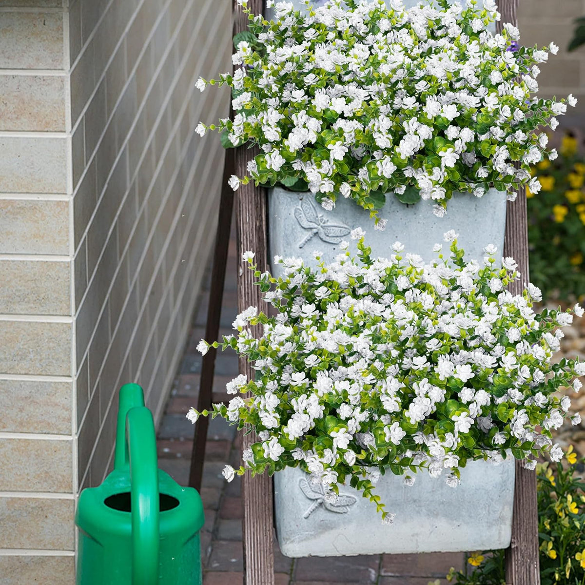 white artificial flowers outdoor uv resistant for planters, side view