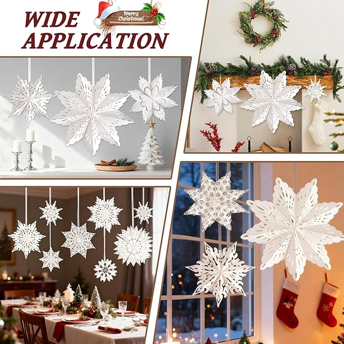 10 Pcs Christmas Paper Snowflake Lanterns, Large Christmas Paper Star Lanterns with LED Lights White Hanging Snowflake Lamp Ornaments for Xmas Winter Frozen Weddings Birthday Holiday Party Decorations
