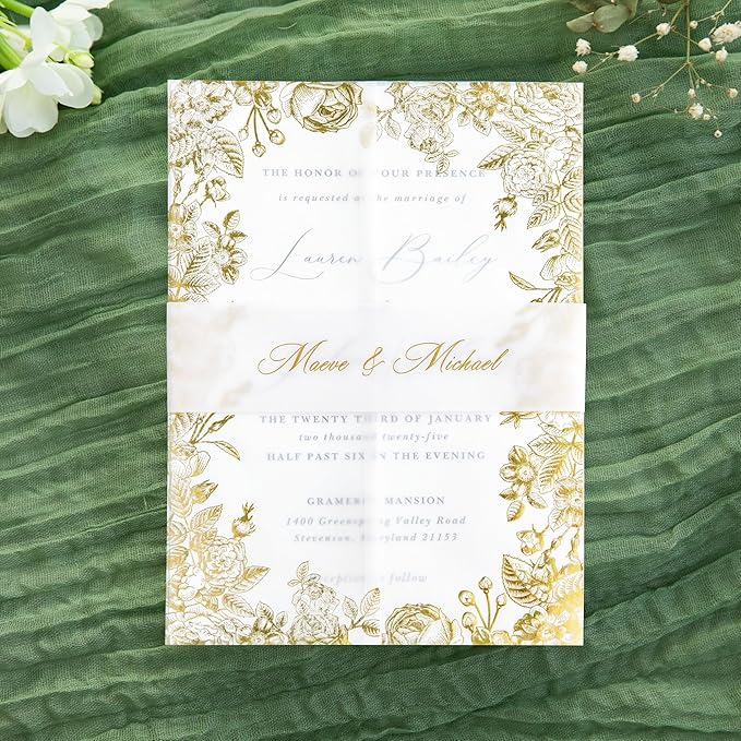 PONATIA 50 PCS Vellum Jackets for 5x7 Wedding Invitation Cards- 135gsm Floral Printed Vellum Sleeves, Invitation Cards Wraps (Champagne Gold Foil)