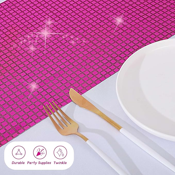 Durony 4 Pack Disco Table Runner 11 x 108 Inch Mirror Hot Pink Glitter Foil With Sparkle Sequin for Bachelorette, 70s, Cowgirl Party Decorations
